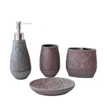 Gray Pink Ombre Embossed Floral Ceramic Bathroom 4-Piece Set