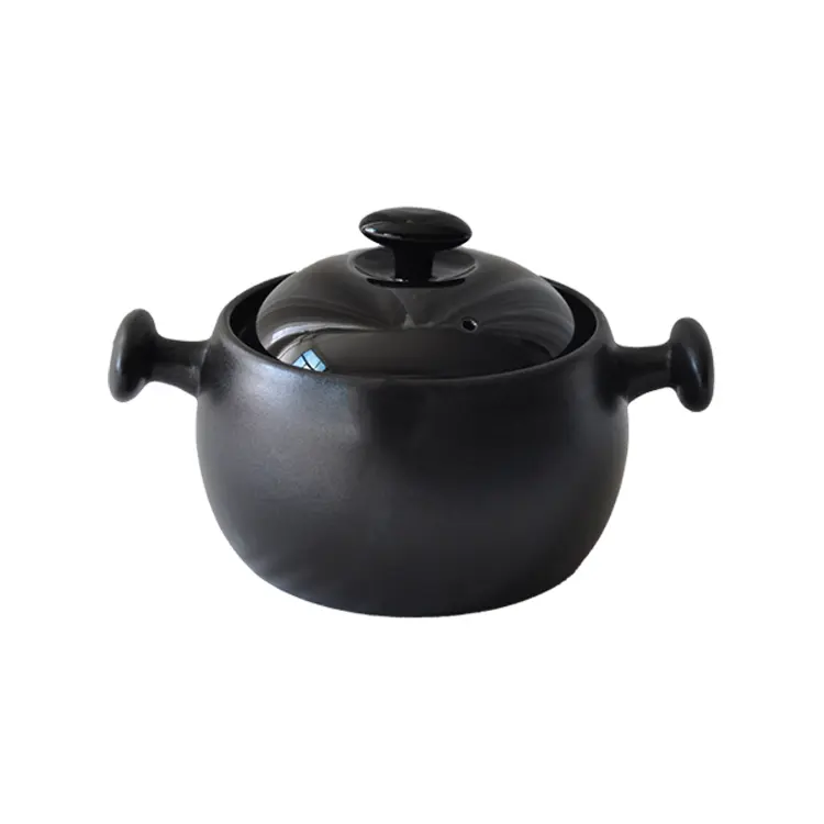 Pure Black Matte Double-Handled Ceramic Casserole with Lid