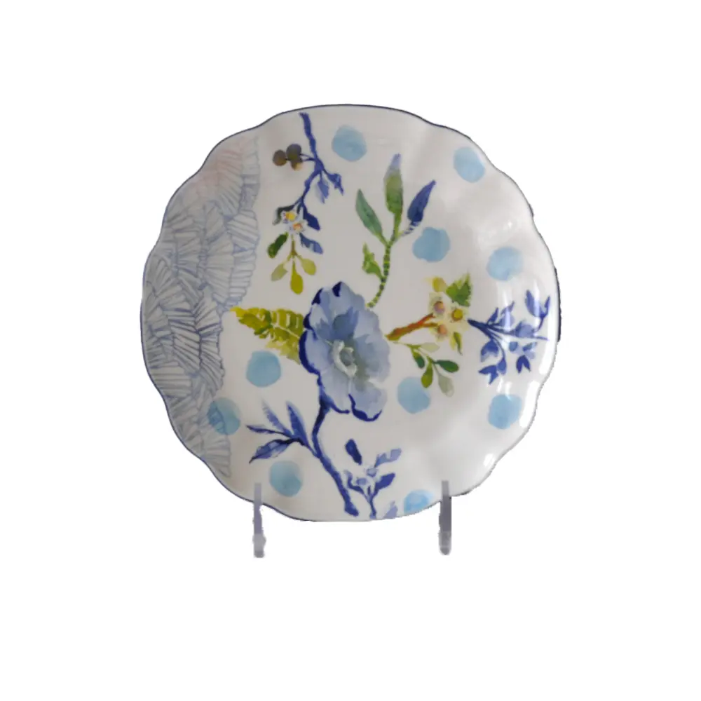 Watercolor - Style Blue & White Floral Scalloped - Edge Ceramic Dinner Plate