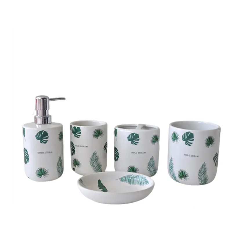 White & Green Tropical Plant - Printed Ceramic Bathroom 5 - Piece Set