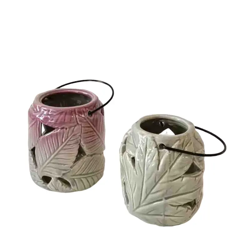 Artistic Gradient Color Leaf - Embossed Cutout Candle Holders with Metal Handles