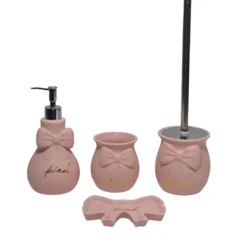 Elegant Pink Dolomite Bathroom Set with 3D Bow Embossing - 4-Piece Eco-Friendly Gift Collection