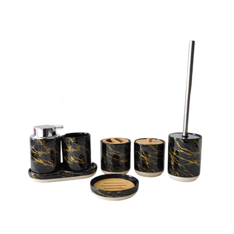 Black & Gold Marble - Patterned Ceramic Bathroom 7 - Piece Set
