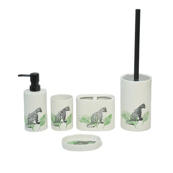 White Base Black Panther & Green Leaf Dolomite Bathroom 5-Piece Set