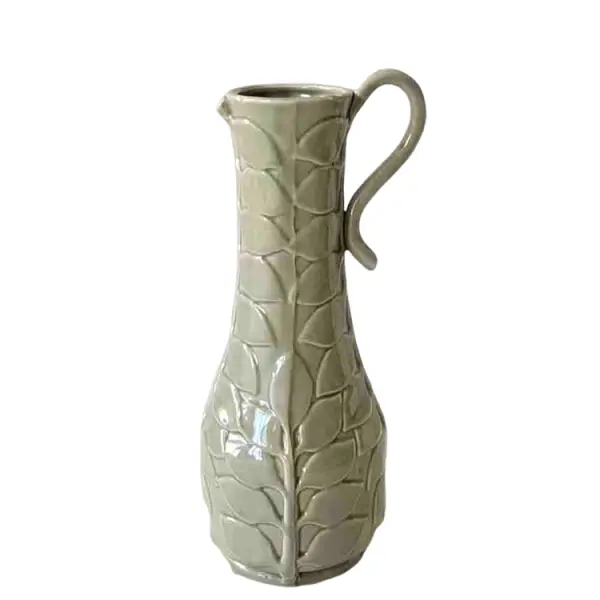 Light Gray - Green Embossed Leaf - Patterned Ceramic Vase