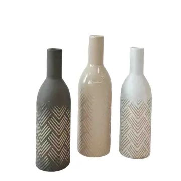 Morandi Color Herringbone Embossed Wine Bottle-Shaped Stoneware Vase
