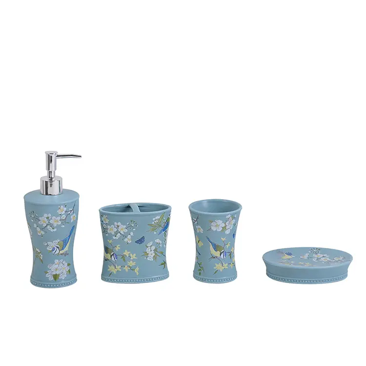 Light Blue Bird & Floral Patterned Dolomite Bathroom 4 - Piece Set