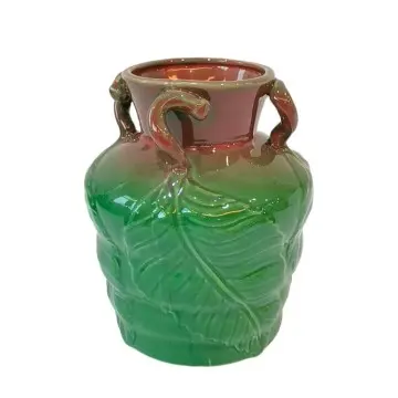 Dual - Handle Leaf - Embossed Gradient Green & Brown Ceramic Vase