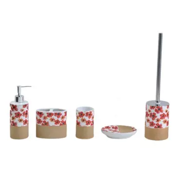 Vintage Red Floral & Beige Ribbed Ceramic Bathroom Accessory Set