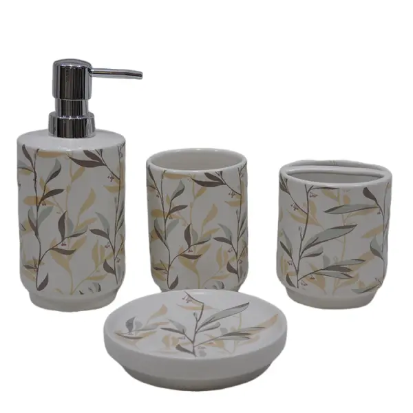 Light Brown & Gray Green Leaf Print Ceramic Bathroom 4-Piece Set