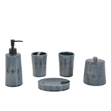 Artistic Geometric Embossed Navy Blue Ceramic Bathroom Accessory Set