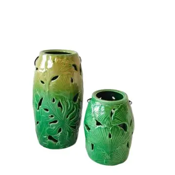 Set of 2 Tropical Leaf - Embossed Hollow - Out Green Ceramic Vases | Decorative Lantern Accents