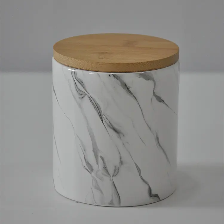Stoneware Ceramic Storage Jar with Bamboo Lid & Marble Texture Design – 10x10...