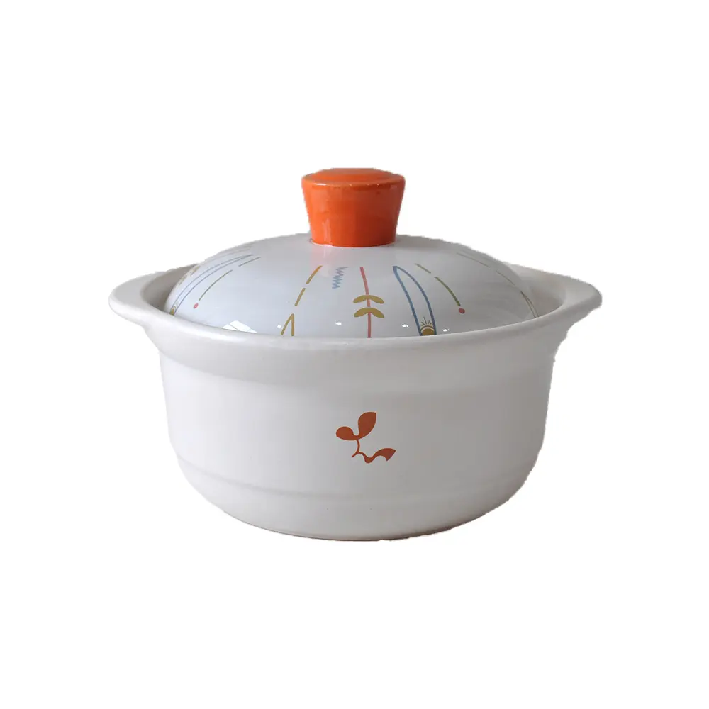 Orange Knob Colorful Line Pattern White Ceramic Casserole
