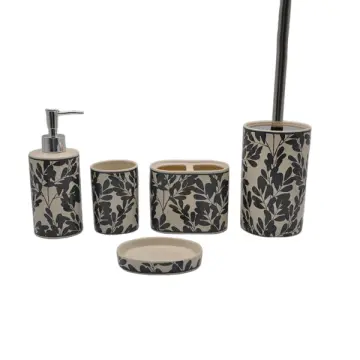 Black Leaf Print Ceramic Bathroom 5-Piece Set