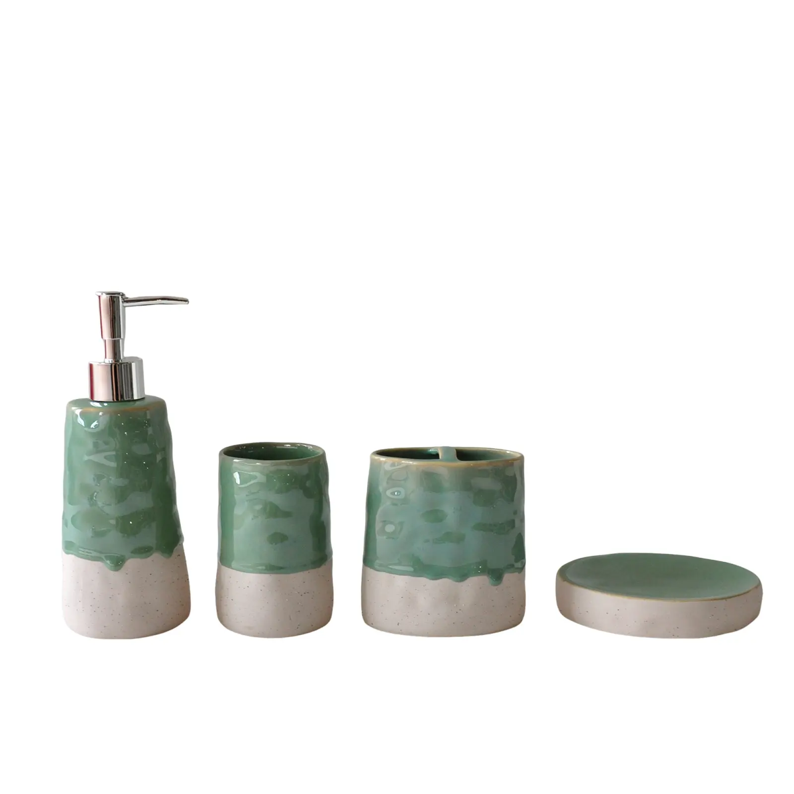 Modern Rustic Green & White Dripping Glaze Handmade Ceramic Bathroom Set
