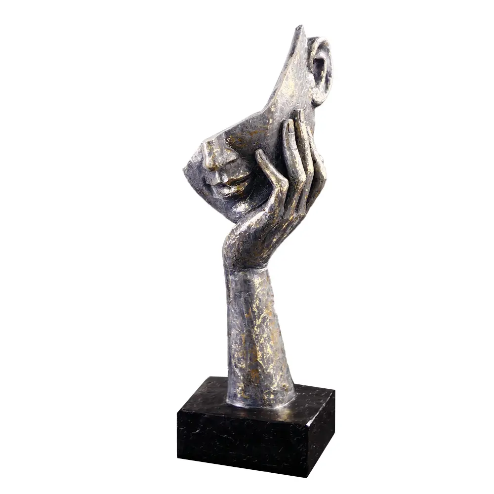 Vintage Distressed Resin Abstract Hand-Holding Half-Face Sculpture