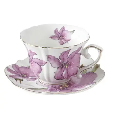 Vintage European Purple Floral Ceramic Teacup and Saucer Set