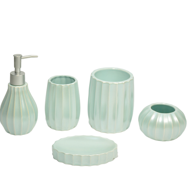Light Mint Green Vertical-Ribbed Stoneware Bathroom Accessory Set