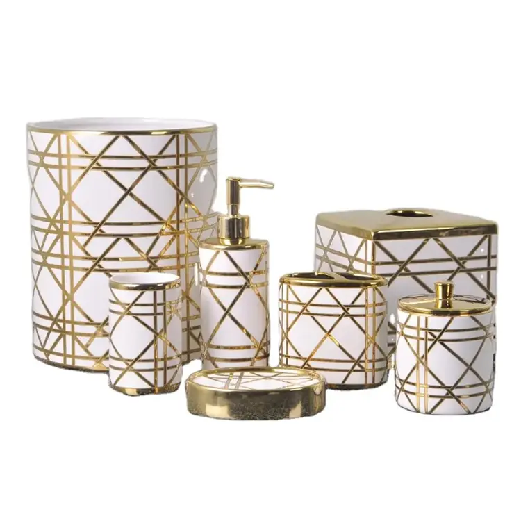Luxury Gold Design Ceramic Bathroom Accessories Set 6pcs Bathroom Ensemble for Decorative Countertop and Housewarming Gift (1)