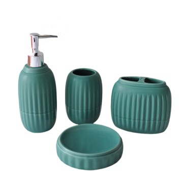 Teal Green Vertical Striped Stoneware Bathroom 4-Piece Set