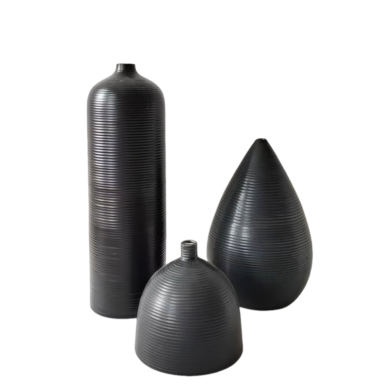 Modern Minimalist Black Vertical Striped Ceramic Vase Set