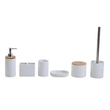 Modern Minimalist White Ceramic & Wood - Trimmed Embossed Bathroom Accessory Set