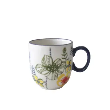 Colorful Floral Blue-Rim Ceramic Mug