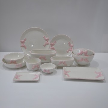 Artisan Bow-Embossed Dolomite Dinnerware Set – 12-Piece Hand-Painted Ceramic Tableware with 3D Bow Relief | Pink Accents, Dishwasher & Oven Safe