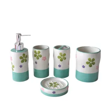 Mint Green Four-Leaf Clover Hand-Painted Ceramic Bathroom 5-Piece Set