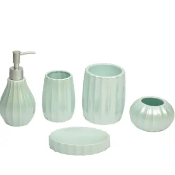 Light Mint Green Vertical-Ribbed Stoneware Bathroom Accessory Set