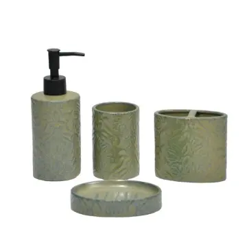 Classical Embossed Floral Pattern Green Ceramic Bathroom Accessories Set