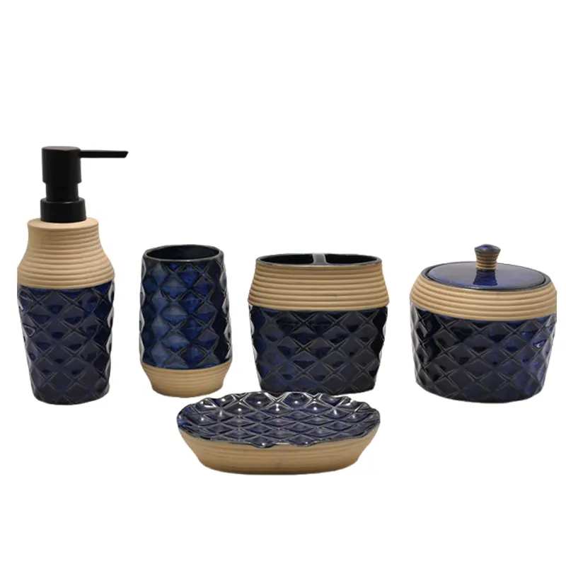 Navy Blue Embossed Stoneware Bathroom 5 - Piece Set