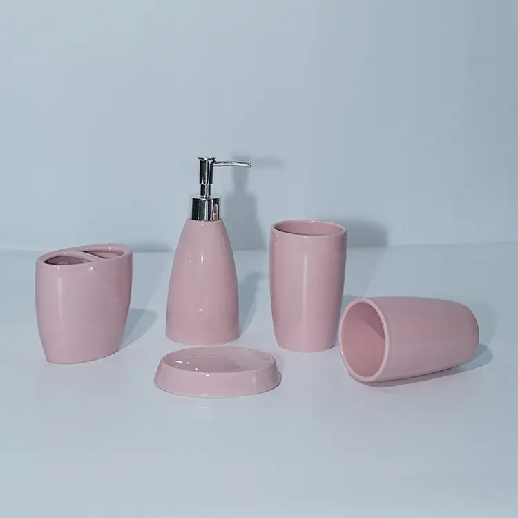 Wholesale Low Price Ceramic Home Decor 5 Pieces Shiny Pure Color Glazed Bathroom Accessories Set (10).jpg