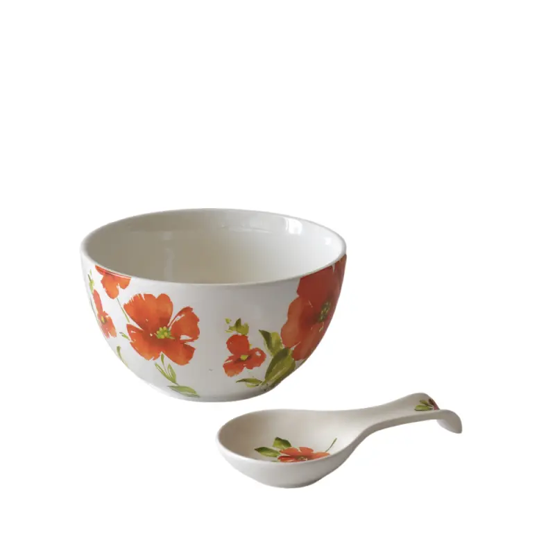 Watercolor-Style Red Floral Ceramic Soup Bowl and Spoon Rest Set