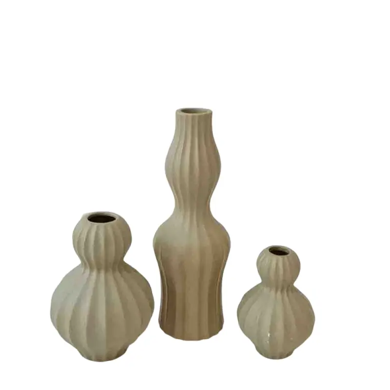 Wabi-Sabi Light Brown Vertical Ribbed Gourd-Shaped Stoneware Vase