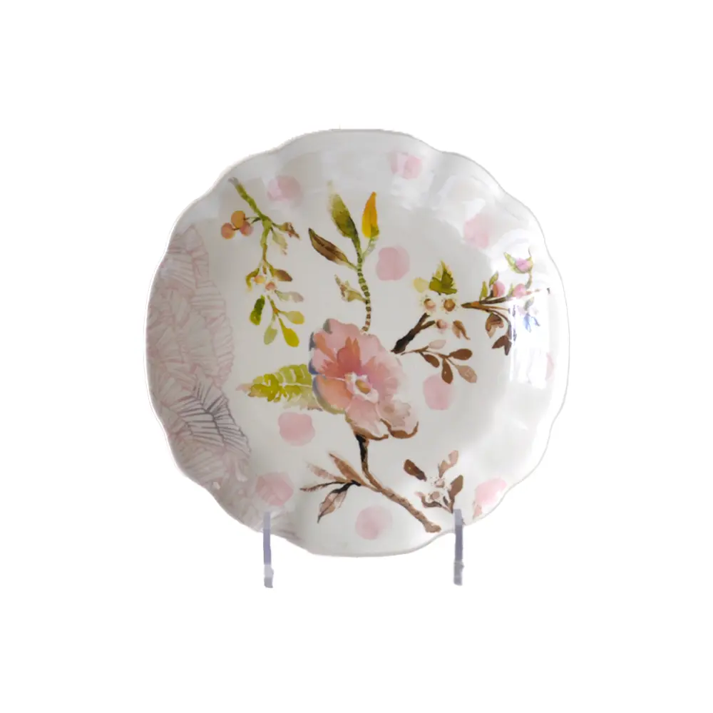 Watercolor - Style Pink Floral Scalloped - Edge Ceramic Dinner Plate