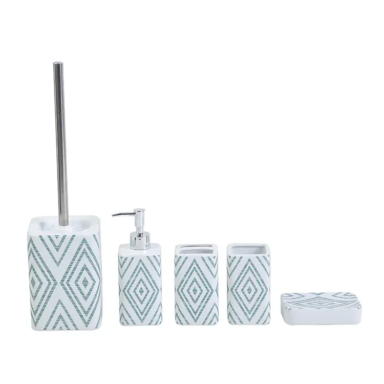 Blue & White Geometric - Patterned Dolomite Bathroom 5 - Piece Set