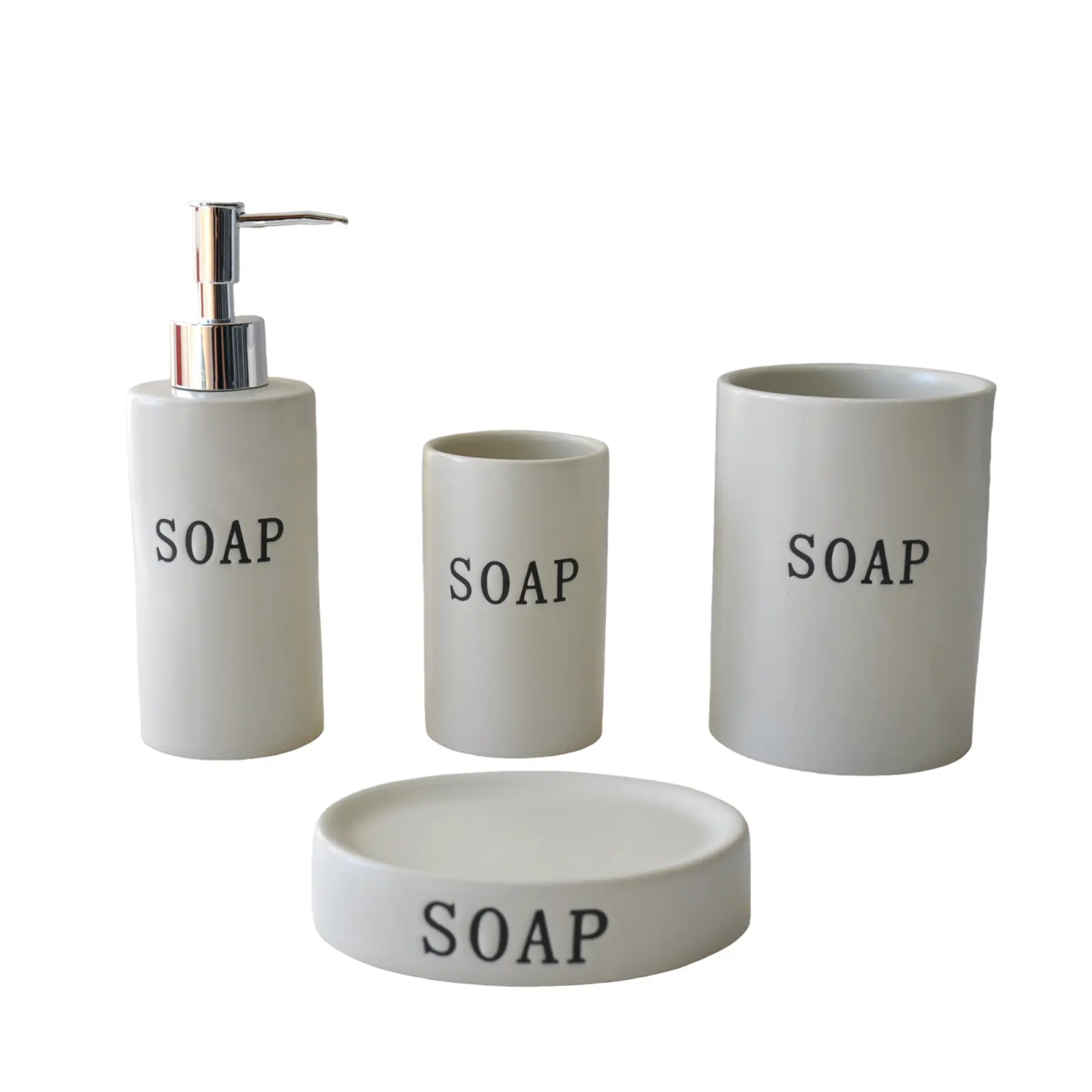 Minimalist Beige Stoneware Bathroom Accessory Set with "SOAP" Text