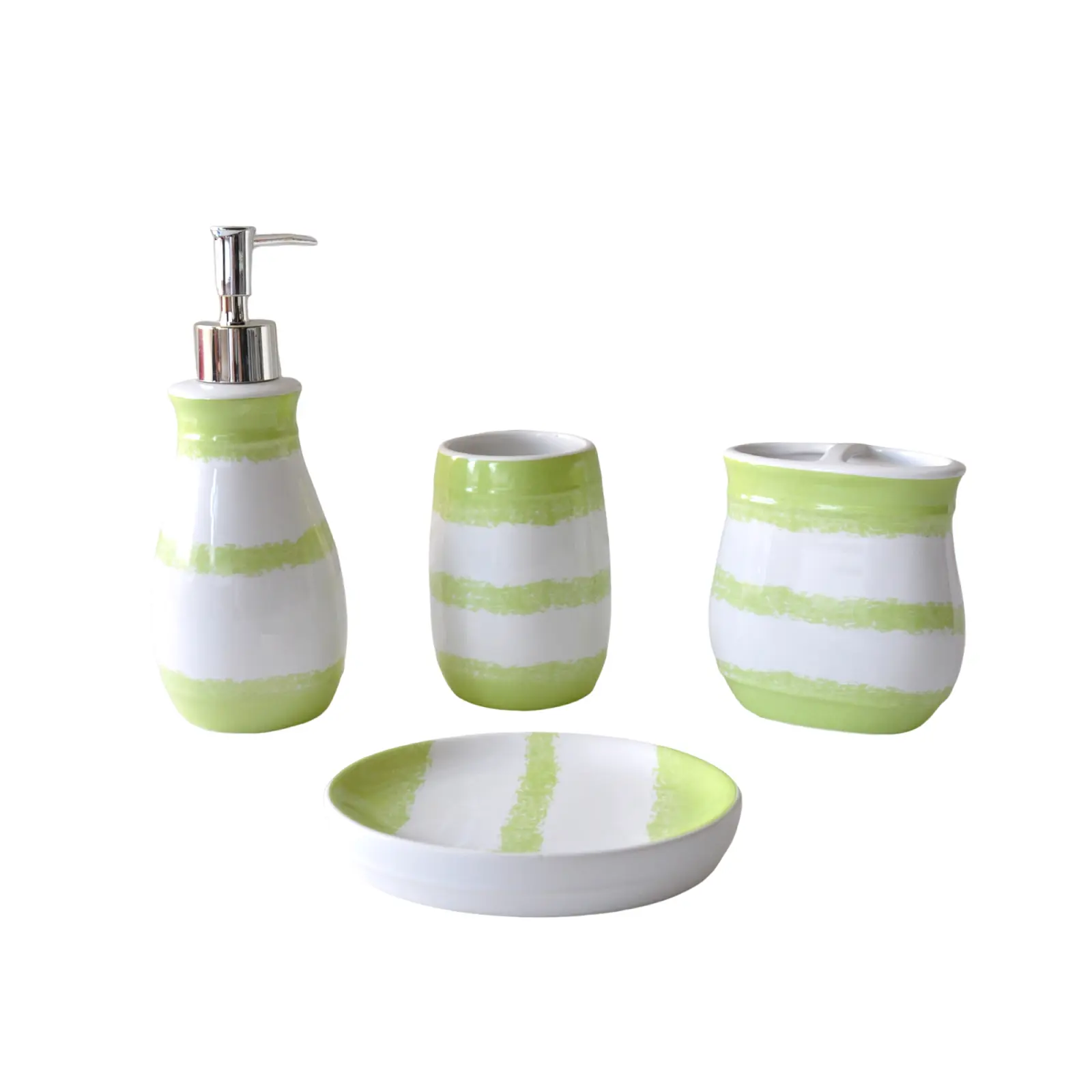 Fresh Green-White Striped Dolomite Bathroom Accessory Set
