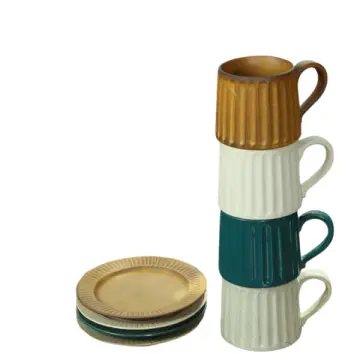 Multicolor Ribbed Ceramic Mug and Saucer Set