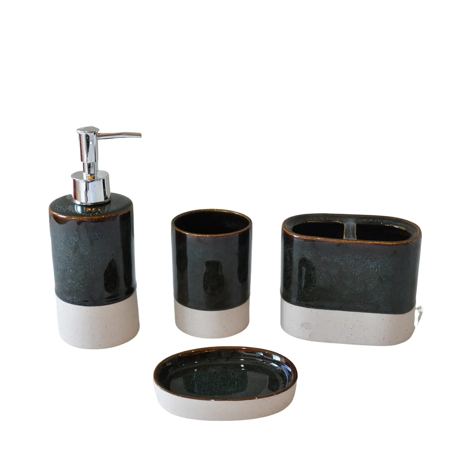Modern Deep Green & Beige Glazed Stoneware Bathroom Accessory Set