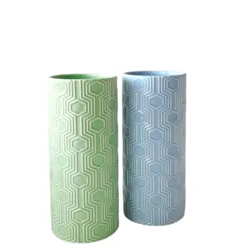 Blue & Green Hexagonal Embossed Ceramic Vase
