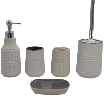 Cream White Geometric Embossed Stoneware Bathroom 5-Piece Set with Gray Accents