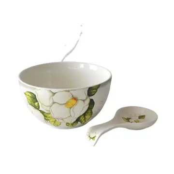 French Elegant Hand Painted White Camellia Floral Ceramic Bowl and Spoon Set