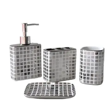 Silver White Grid Pattern Mirrored Ceramic Bathroom 4-Piece Set