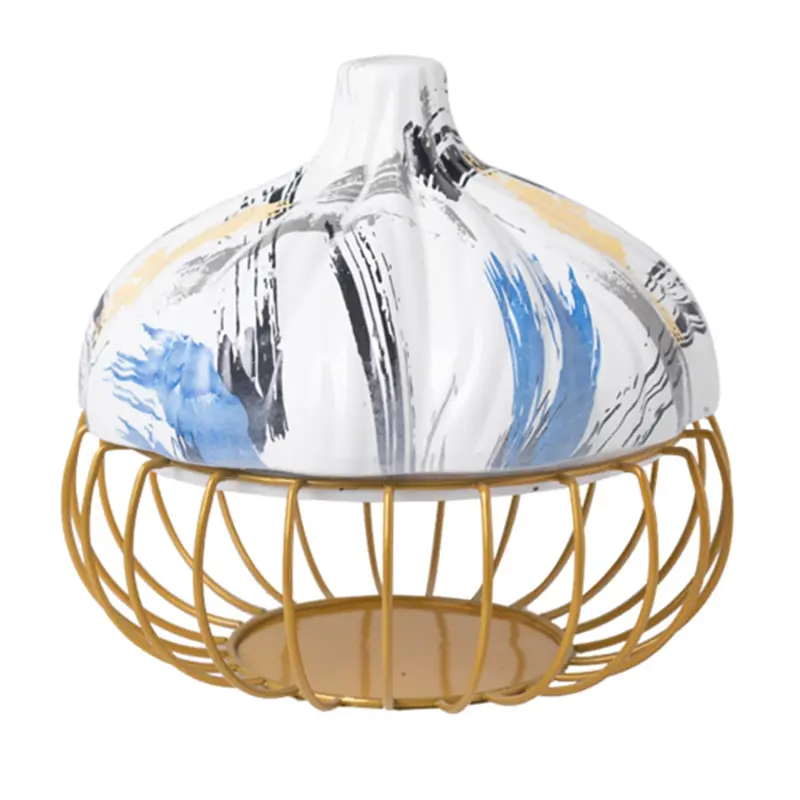 Artistic Graffiti Garlic-Shaped Ceramic Lid with Iron Stand Storage Decor