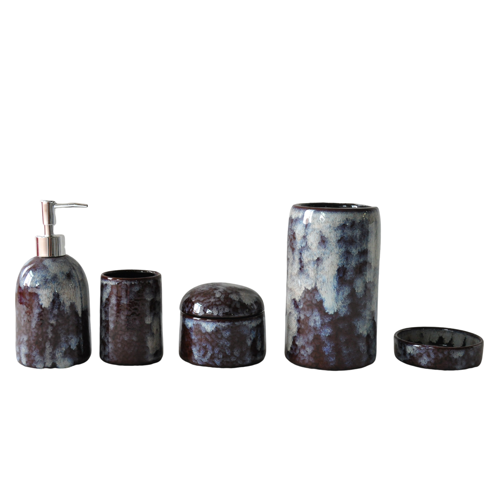 Wabi-Sabi Deep Brown Kiln-Change Splatter Stoneware Bathroom Accessory Set