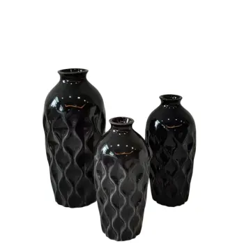 Modern Minimalist Black Wave Relief Ceramic Vase Set