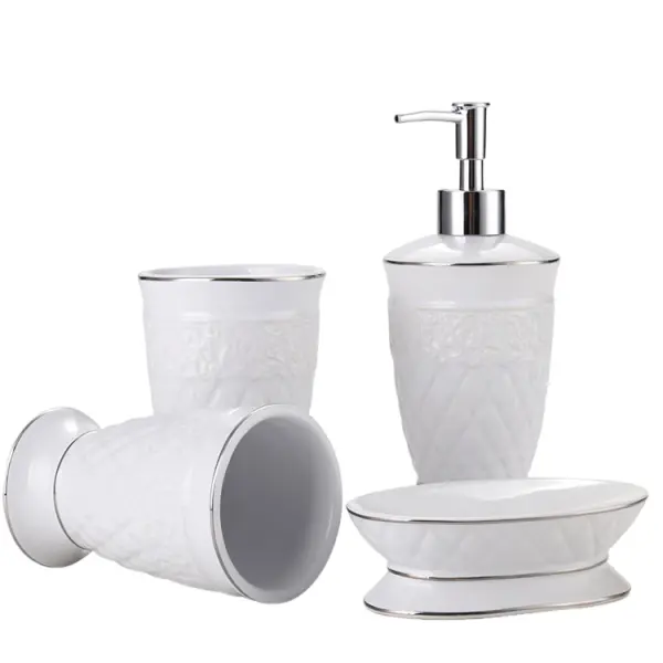 White Embossed European Luxury Ceramic Bathroom 4-Piece Set